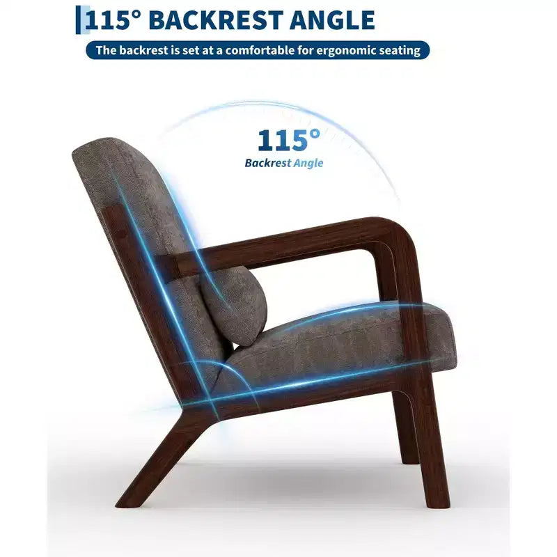 Sillón decorativo moderno de mediados de siglo con cojín lumbar, tapizado de chenilla y estructura de madera maciza