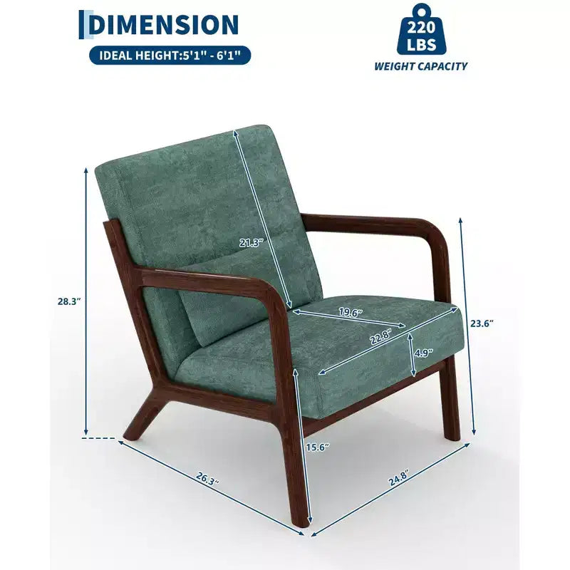 Sillón decorativo moderno de mediados de siglo con cojín lumbar, tapizado de chenilla y estructura de madera maciza