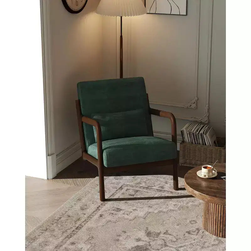 Sillón decorativo moderno de mediados de siglo con cojín lumbar, tapizado de chenilla y estructura de madera maciza