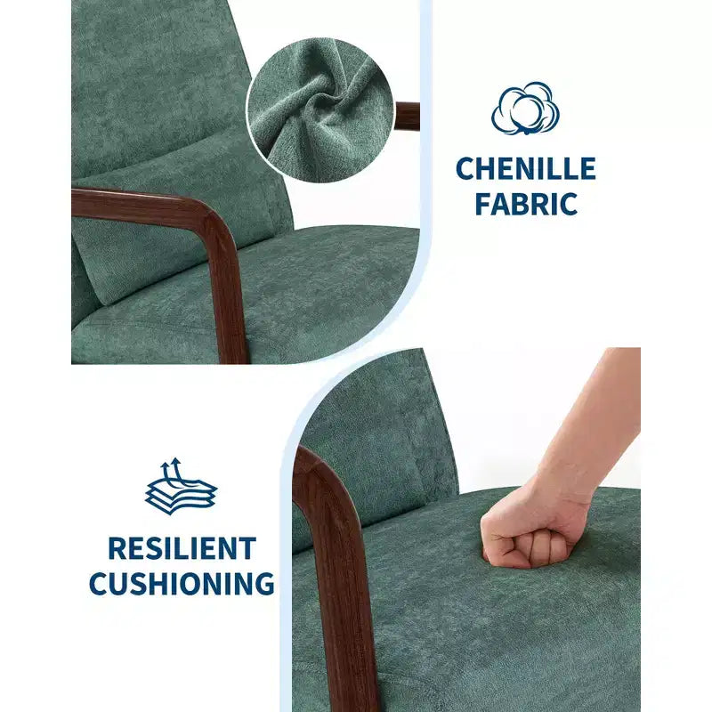 Sillón decorativo moderno de mediados de siglo con cojín lumbar, tapizado de chenilla y estructura de madera maciza