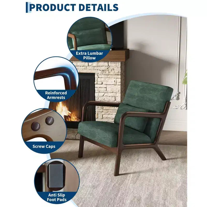 Sillón decorativo moderno de mediados de siglo con cojín lumbar, tapizado de chenilla y estructura de madera maciza
