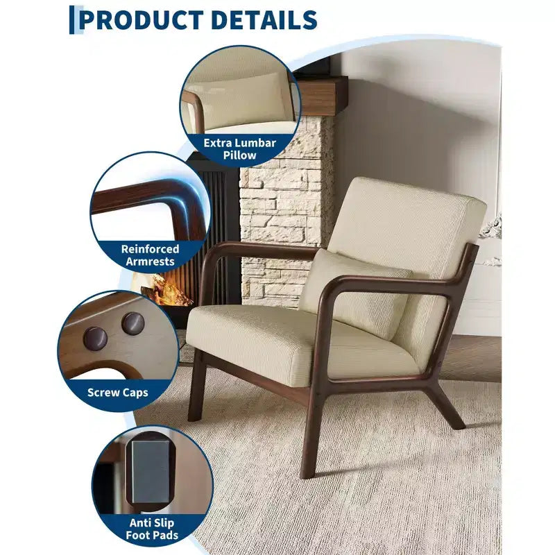 Sillón decorativo moderno de mediados de siglo con cojín lumbar, tapizado de chenilla y estructura de madera maciza