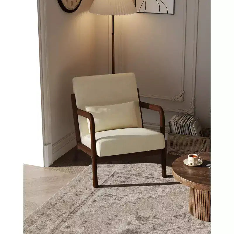 Sillón decorativo moderno de mediados de siglo con cojín lumbar, tapizado de chenilla y estructura de madera maciza