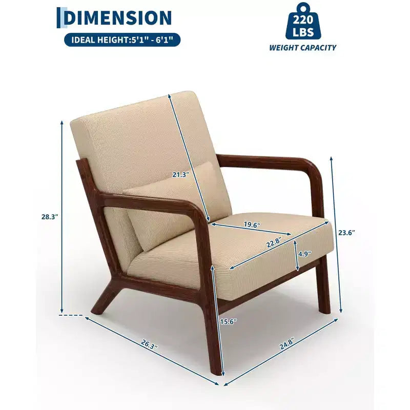 Sillón decorativo moderno de mediados de siglo con cojín lumbar, tapizado de chenilla y estructura de madera maciza