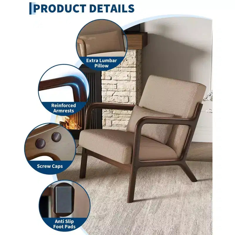 Sillón decorativo moderno de mediados de siglo con cojín lumbar, tapizado de chenilla y estructura de madera maciza