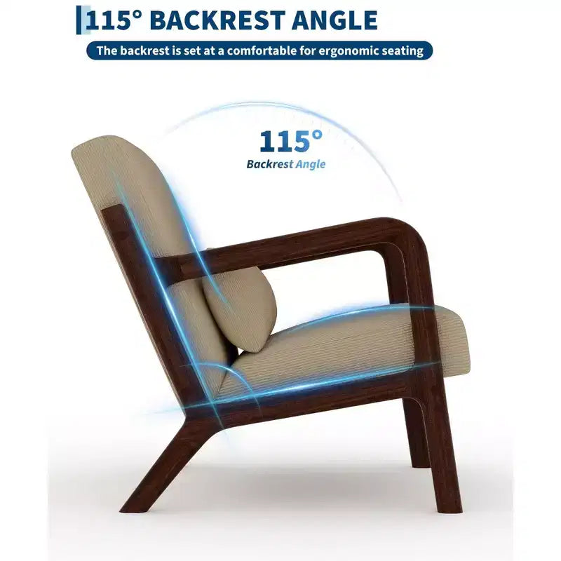 Sillón decorativo moderno de mediados de siglo con cojín lumbar, tapizado de chenilla y estructura de madera maciza