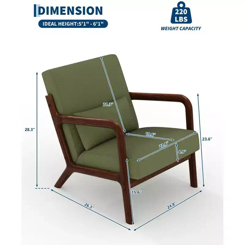 Sillón decorativo moderno de mediados de siglo con cojín lumbar, tapizado de chenilla y estructura de madera maciza