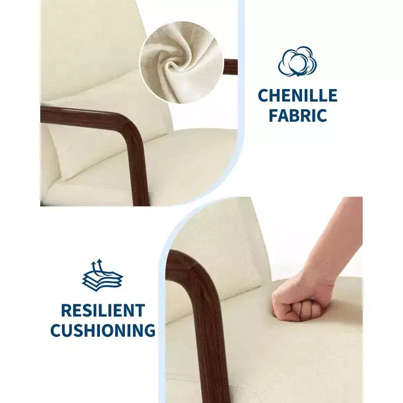 Sillón decorativo moderno de mediados de siglo con cojín lumbar, tapizado de chenilla y estructura de madera maciza