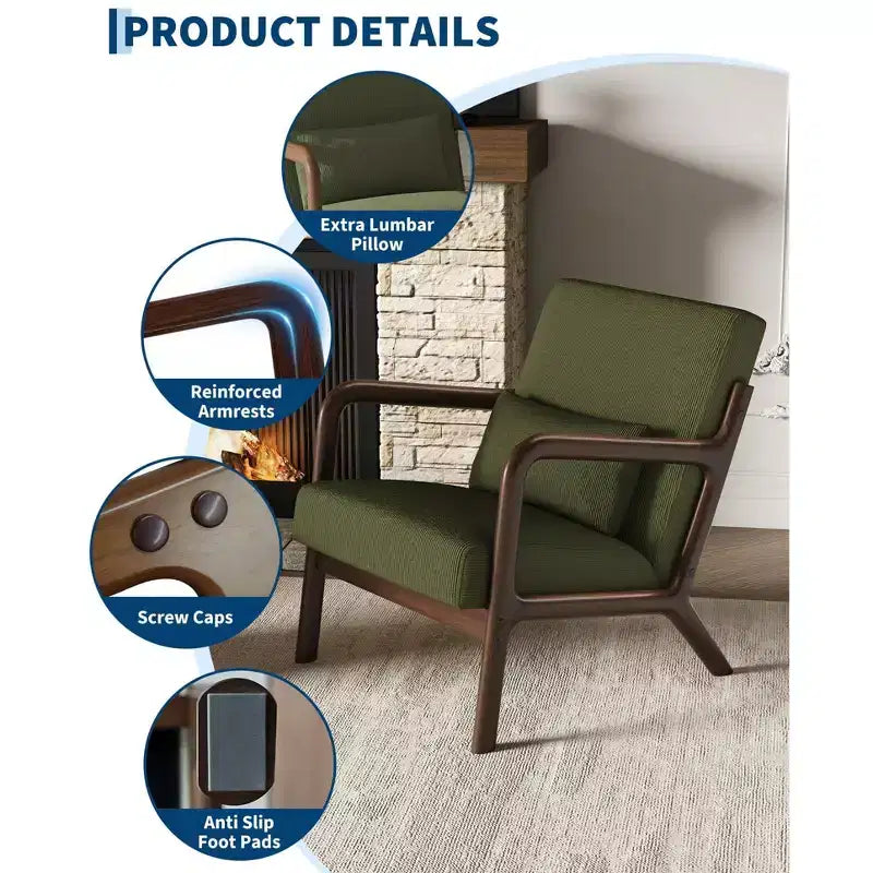 Sillón decorativo moderno de mediados de siglo con cojín lumbar, tapizado de chenilla y estructura de madera maciza