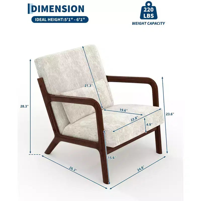 Sillón decorativo moderno de mediados de siglo con cojín lumbar, tapizado de chenilla y estructura de madera maciza