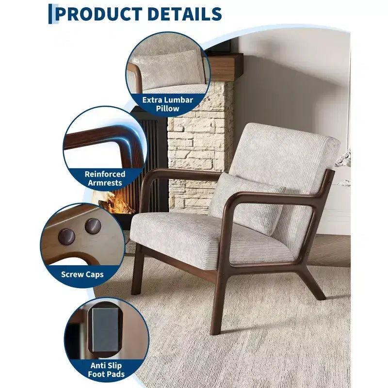 Sillón decorativo moderno de mediados de siglo con cojín lumbar, tapizado de chenilla y estructura de madera maciza