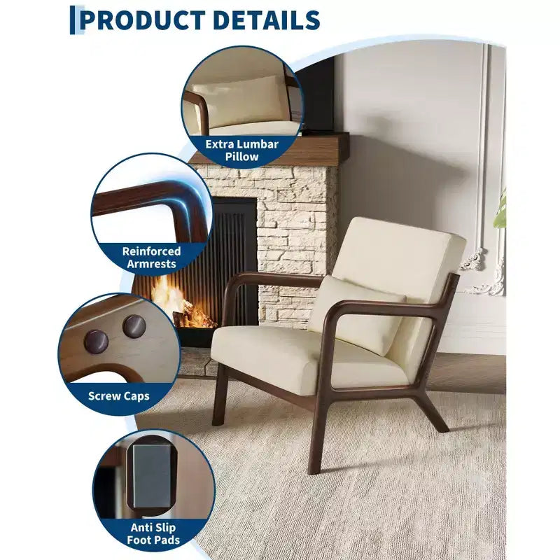 Sillón decorativo moderno de mediados de siglo con cojín lumbar, tapizado de chenilla y estructura de madera maciza