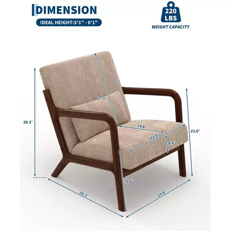 Sillón decorativo moderno de mediados de siglo con cojín lumbar, tapizado de chenilla y estructura de madera maciza
