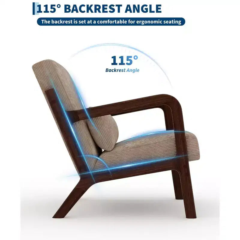 Sillón decorativo moderno de mediados de siglo con cojín lumbar, tapizado de chenilla y estructura de madera maciza