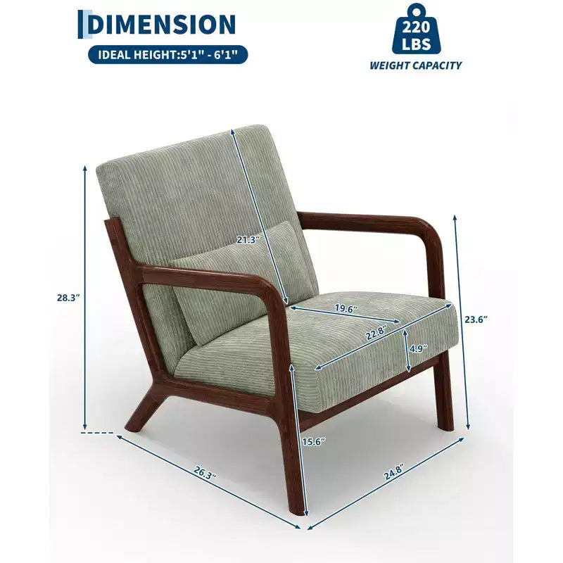 Sillón decorativo moderno de mediados de siglo con cojín lumbar, tapizado de chenilla y estructura de madera maciza