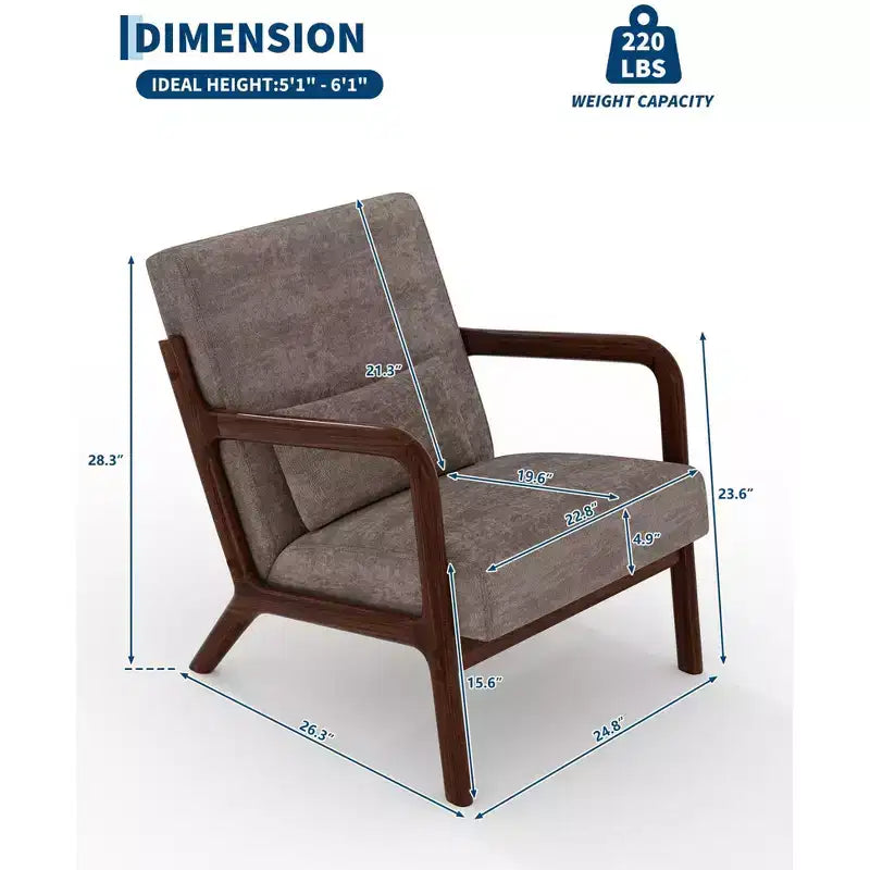 Sillón decorativo moderno de mediados de siglo con cojín lumbar, tapizado de chenilla y estructura de madera maciza