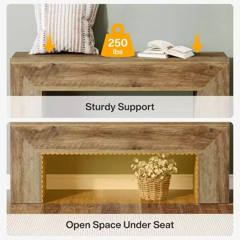 Banc d’entrée en bois de 47'', style rustique, avec rangement, pour le salon, la chambre ou le couloir, facile à assembler, brun chêne